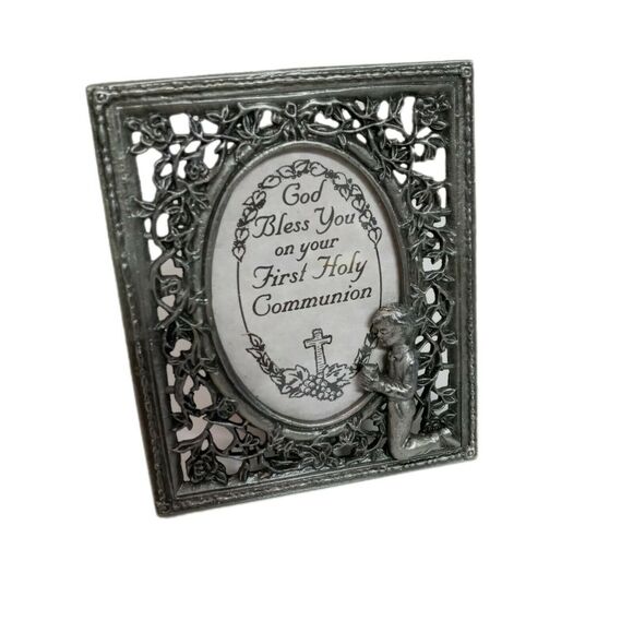 First Communion Pewter Frame Boy 3.5" Religious Keepsake VTG 🕊️ - Picture 3 of 12
